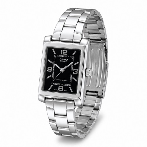Купити Жіночий годинник Casio LTP-1234DD-1A — класична модель зі сріблястим браслетом та чорним циферблатом
