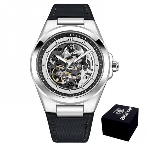 Купити Чоловічий механічний годинник Benyar BY-5207 Black-Silver-White з автопідзаводом та шкіряним ремінцем