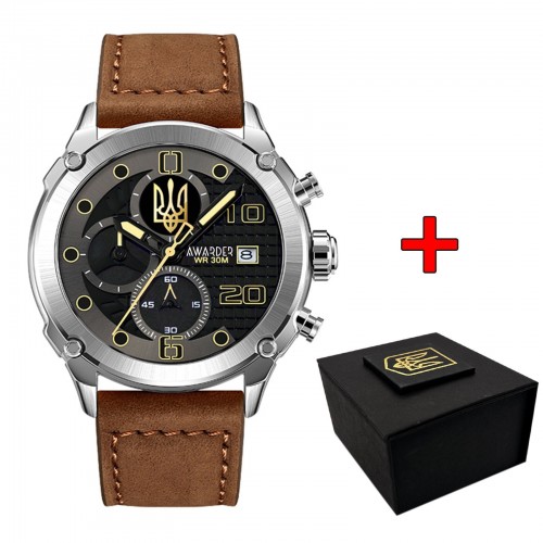 Купити Чоловічий годинник Awarder 016 Silver-Black-Brown з гербом України Тризуб та хронографом