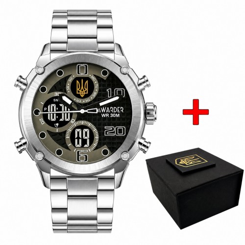 Купити Чоловічий годинник Awarder 017 Тризуб Золото Silver-Black Steel зі стрілково-електронним циферблатом