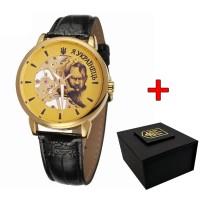 Чоловічий механічний годинник Awarder 022 Gold-Black Mechanic Я Українець з автопідзаводом та шкіряним ремінцем