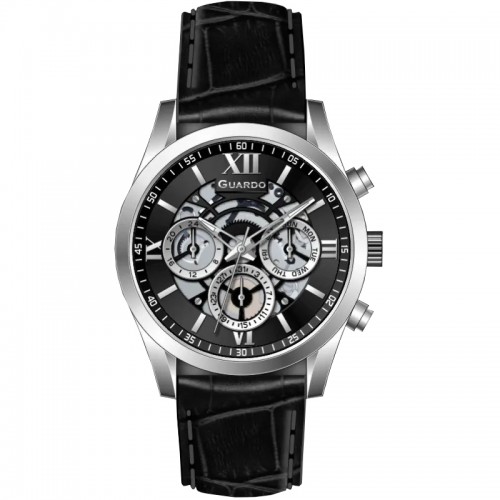 Купити Чоловічий наручний годинник Guardo 012837-1 Silver-Black — класичний стиль з індикацією дати та дня тижня