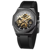Чоловічий механічний годинник Forsining 8289 Black-Gold-Gold з автопідзаводом та люмінесцентною підсвіткою