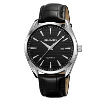 Чоловічий годинник Skmei 2490SIBK Silver-Black з мінеральним склом та шкіряним ремінцем