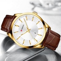 Чоловічий класичний годинник Curren 8365 Brown-Gold-White з коричневим шкіряним ремінцем