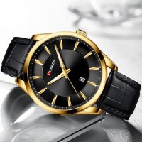 Чоловічий наручний годинник Curren 8365 Black-Gold з мінеральним склом та шкіряним ремінцем