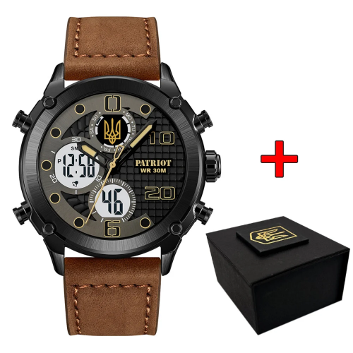 Купити Чоловічий наручний годинник Patriot 017BKBR Тризуб золото Black-Brown зі стрілково-електронним циферблатом