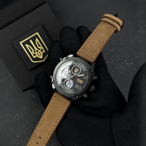Купити Чоловічий наручний годинник Patriot 017BKBR Тризуб золото Black-Brown зі стрілково-електронним циферблатом