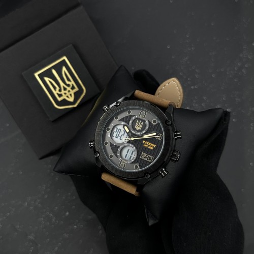 Купити Чоловічий наручний годинник Patriot 017BKBR Тризуб золото Black-Brown зі стрілково-електронним циферблатом