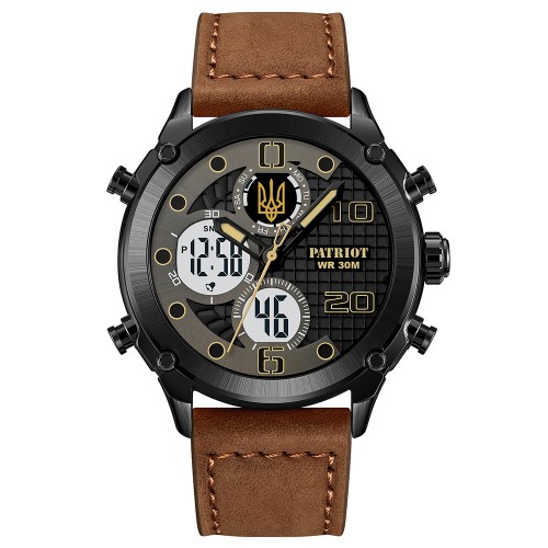 Купити Чоловічий наручний годинник Patriot 017BKBR Тризуб золото Black-Brown зі стрілково-електронним циферблатом