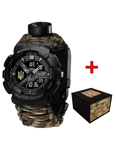 Купить Patriot 005 Тризуб золото Чорний Паракордовий ремінець Camo Green + Коробка