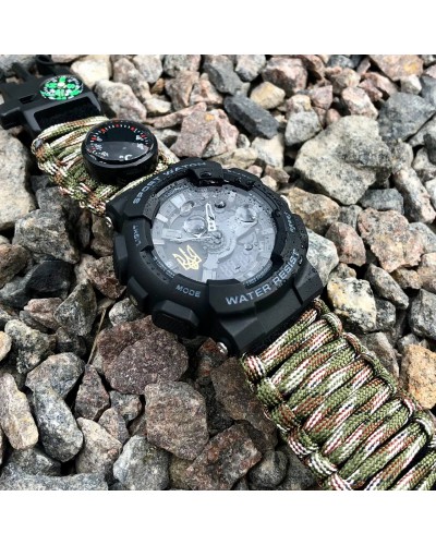 Купить Patriot 005 Тризуб золото Чорний Паракордовий ремінець Camo Green + Коробка