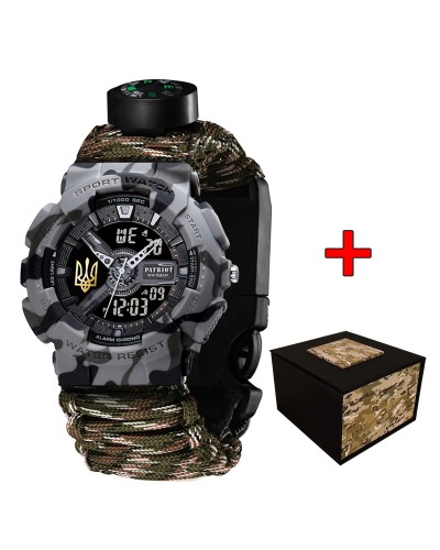 Купить Patriot 005 Тризуб золото Сірий камуфляж Паракордовий ремінець Camo Green+Коробка