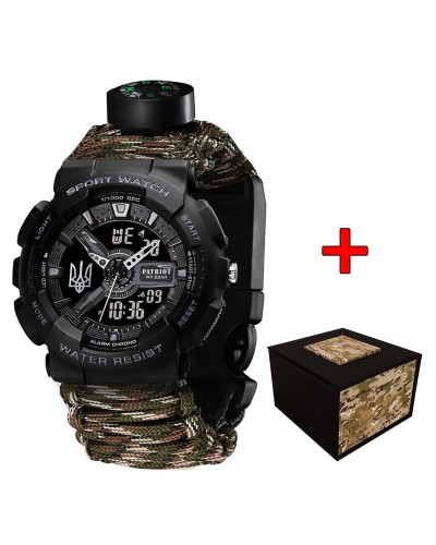 Купить Patriot 005 Тризуб срібло Чорний Паракордовий ремінець Camo Green + Коробка.