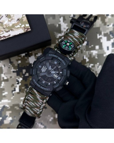Купить Patriot 005 Тризуб срібло Чорний Паракордовий ремінець Camo Green + Коробка.