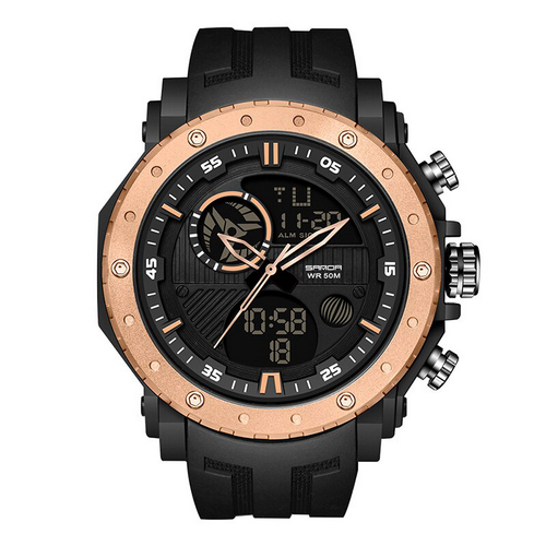 Купити Чоловічий спортивний годинник Sanda 6012 Black-Cuprum з комбінованим циферблатом та захистом 5 ATM