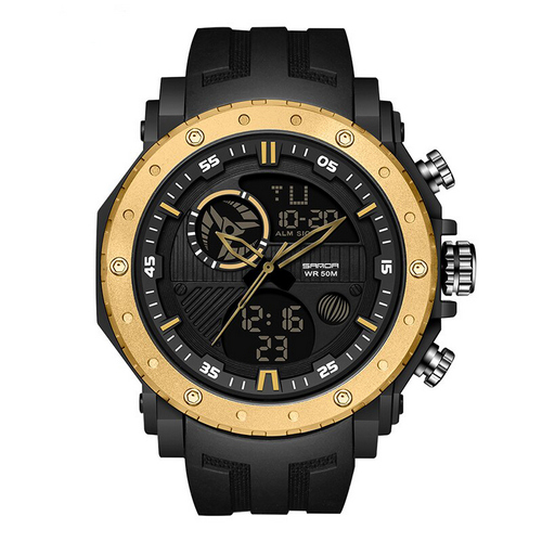 Купити Чоловічий годинник Sanda 6012 Black-Gold спортивний зі стрілково-електронним циферблатом
