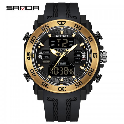 Купити Чоловічий спортивний годинник Sanda 6029 Black-Gold з комбінованим циферблатом та захистом 5 ATM