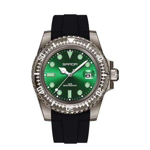 Купити Жіночий годинник Sanda 9007 Black-Green з зеленим циферблатом та каучуковим ремінцем