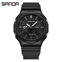 Чоловічий годинник Sanda 3167 All Black тактичний зі стрілково-електронним циферблатом
