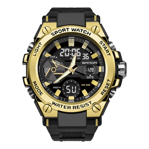 Купити Чоловічий спортивний годинник Sanda 3311 Black-Gold з комбінованим циферблатом та захистом 5 ATM