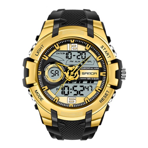 Купити Чоловічий спортивний годинник Sanda 6015 Black-Gold з комбінованим циферблатом та водозахистом 5 ATM