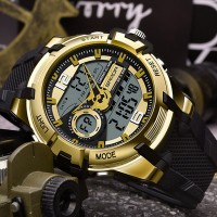 Чоловічий спортивний годинник Sanda 6015 Black-Gold з комбінованим циферблатом та водозахистом 5 ATM