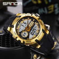 Чоловічий спортивний годинник Sanda 6015 Black-Gold з комбінованим циферблатом та водозахистом 5 ATM