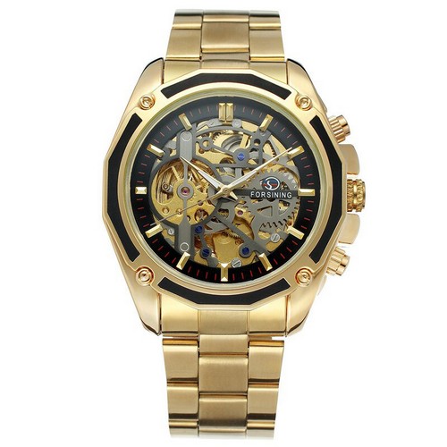 Купити Чоловічий механічний годинник Forsining 8130 Gold-Black з автопідзаводом та люмінесценцією