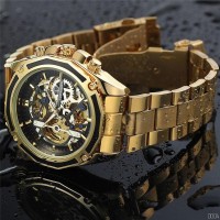 Чоловічий механічний годинник Forsining 8130 Gold-Black з автопідзаводом та люмінесценцією