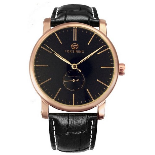 Купити Чоловічий механічний годинник Forsining 8214 Gold-Black з автопідзаводом та шкіряним ремінцем