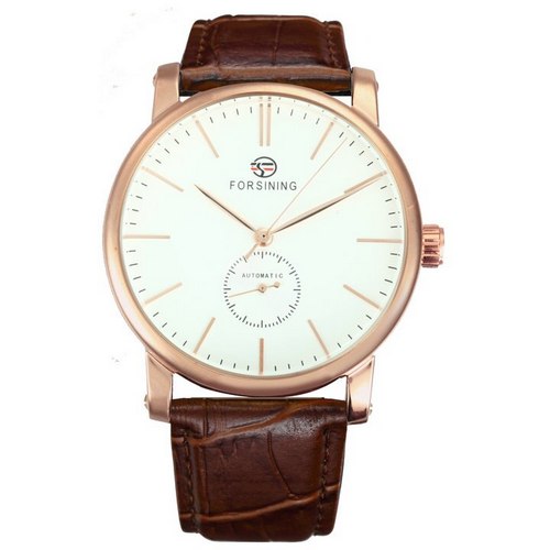 Купити Чоловічий механічний годинник Forsining 8214 Gold-White-Brown з автопідзаводом та шкіряним ремінцем