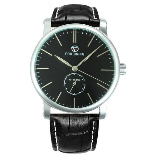Купити Чоловічий механічний годинник Forsining 8214 Silver-Black з автопідзаводом та шкіряним ремінцем