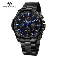 Чоловічий механічний годинник Forsining 6909 All Black-Blue Steel з автопідзаводом та календарем
