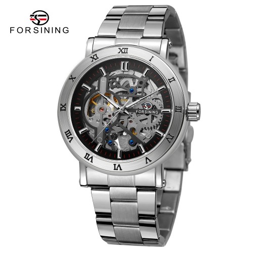 Купити Чоловічий механічний годинник Forsining 8253 Silver-Black з автопідзаводом та сталевим браслетом