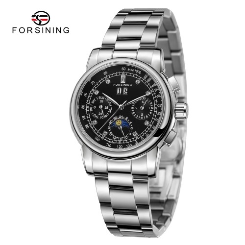 Купити Жіночий механічний годинник Forsining 6918 Silver-Black з автопідзаводом та сталевим браслетом