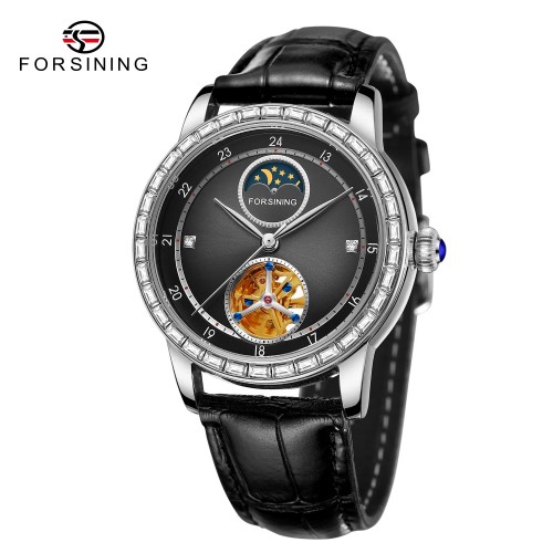 Купити Чоловічий механічний годинник Forsining 8257 Silver-Black з автопідзаводом та шкіряним ремінцем