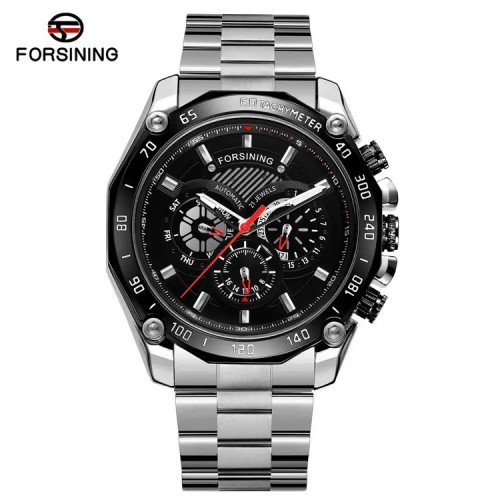 Купити Чоловічий механічний годинник Forsining 6910 Silver-Black з автопідзаводом та фазами місяця