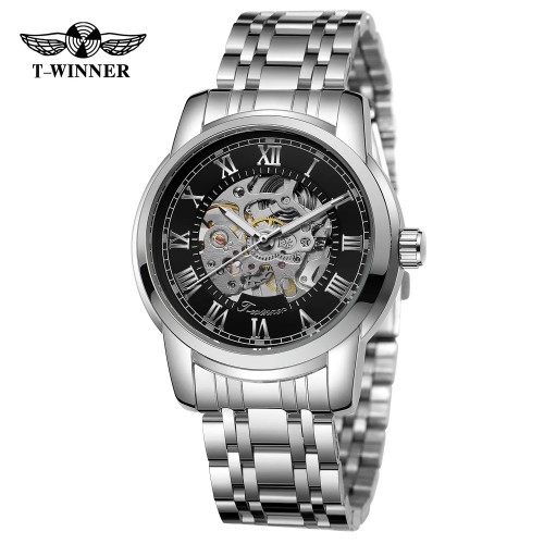 Купити Чоловічий механічний годинник Forsining 8250 Silver-Black Steel зі сталевим браслетом та автопідзаводом