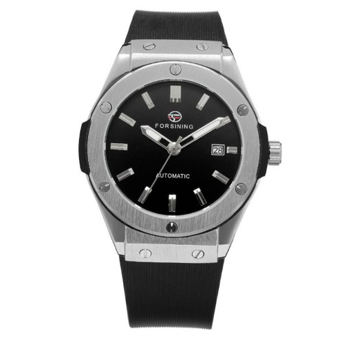 Купити Чоловічий механічний годинник Forsining 8107 Silver-Black з автопідзаводом та каучуковим ремінцем