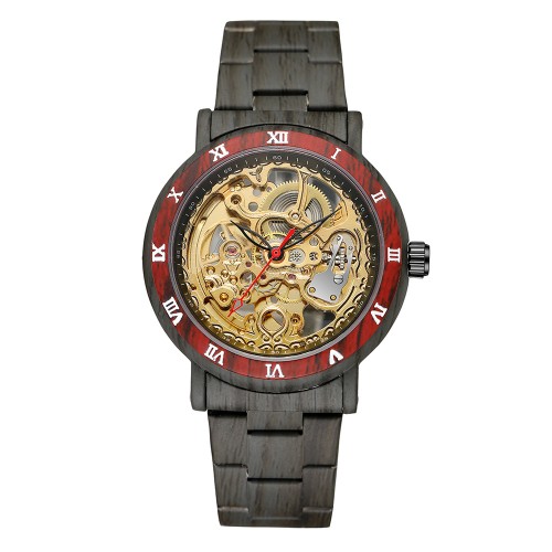 Купити Чоловічий механічний годинник Forsining 8277 Black-Red-Gold з автопідзаводом та прозорим циферблатом