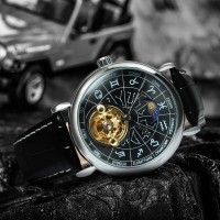 Чоловічий механічний годинник Winner 8271 Silver-Black з автопідзаводом та шкіряним ремінцем