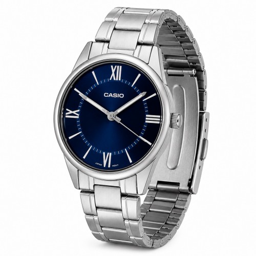 Купити Чоловічий годинник Casio MTP-V005D-2B5 — Класична модель з синім циферблатом та сталевим браслетом