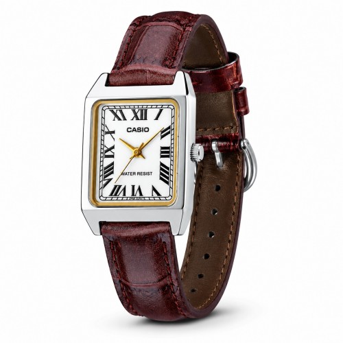 Купити Жіночий годинник Casio LTP-V007L-7B2 — Класична модель з білим циферблатом та коричневим шкіряним ремінцем