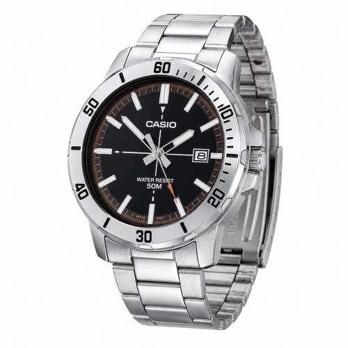 Купити Чоловічий годинник Casio MTP-VD01D-1E2 класичний сталевий з чорним циферблатом та датою