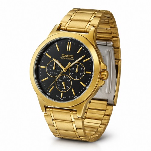 Купити Чоловічий годинник Casio MTP-V300G-1A в золотистому кольорі з багатофункціональним циферблатом та браслетом