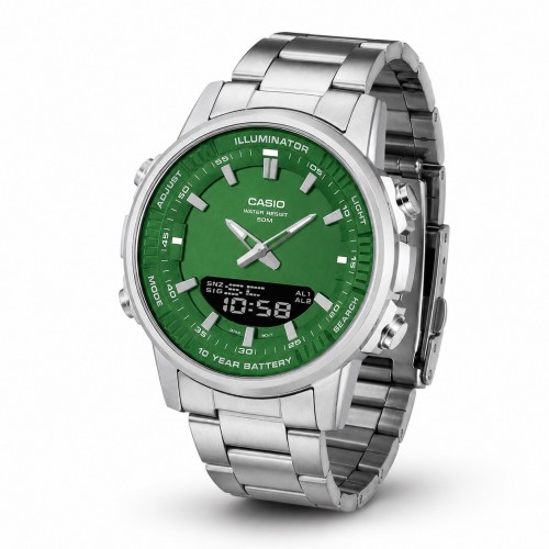 Купити Чоловічий годинник Casio AMW-880D-3A з зеленим циферблатом та сталевим браслетом