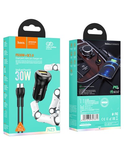 Купити АЗП Hoco NZ5 Smooth road PD30W+QC3.0 (1USB-A/1C) + кабель Type-C to Lightning