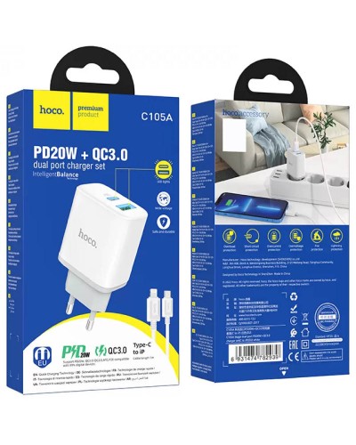Купити МЗП Hoco C105A Stage PD20W+QC3.0 (1USB-A/1C) + кабель Type-C to Lightning