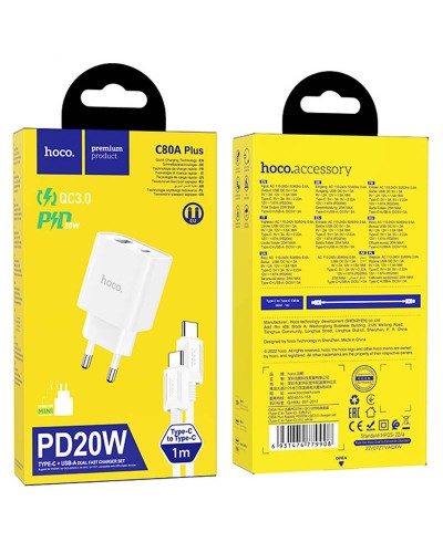 Купити МЗП Hoco C80A Plus Rapido PD20W+QC3.0 (1USB-A/1C) + кабель Type-C to Type-C